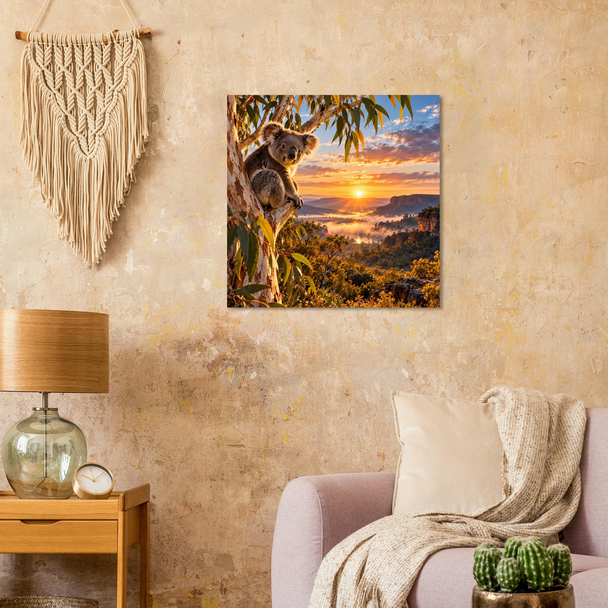 Quadratisches Poster: Koala sitzt im Baum zwischen Blättern vor Sonnenuntergangslandschaft