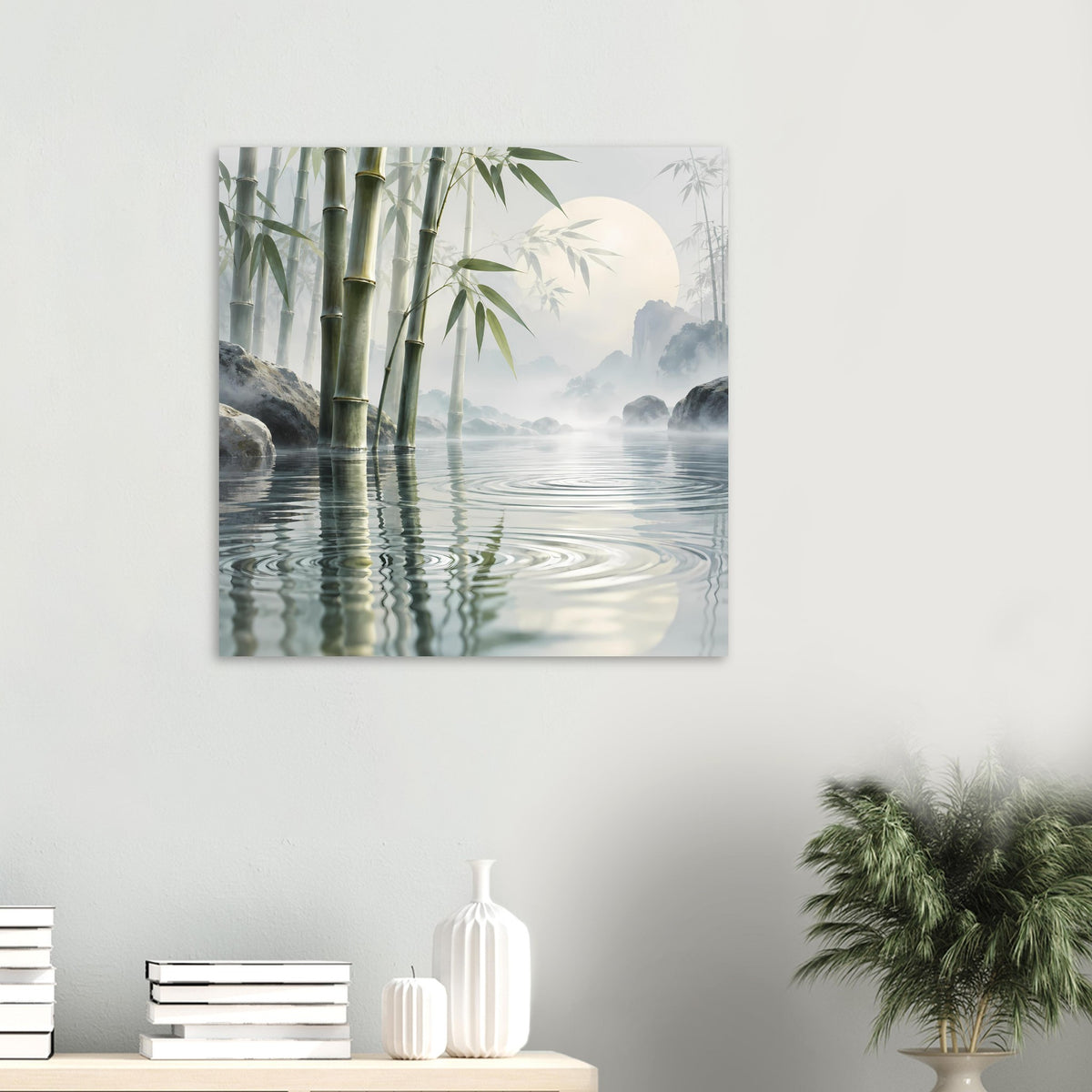Kleines Bambus-Reflexionsposter im Querformat, Bambusstämme und Nebel über dem Wasser