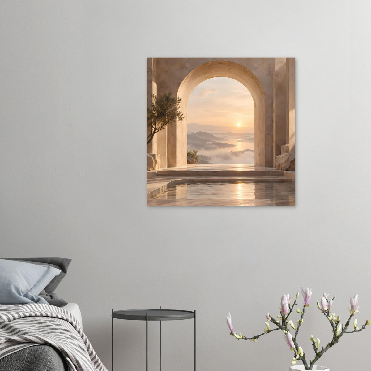 Kleines Poster mit Bogenöffnung, Sonnenuntergangslandschaft und ruhigem Wasserbecken