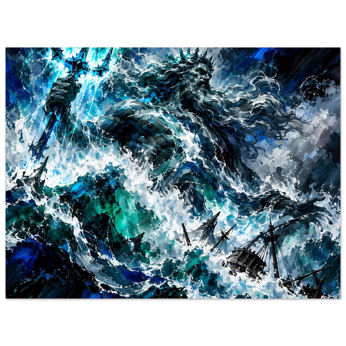Sturm-Poster mit Poseidon und schäumender See, Segelschiffe am Rand