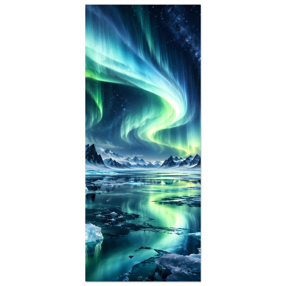 Hochformatiges Poster mit Nordlichtern in Blau und Grün über verschneiter Küstenlandschaft