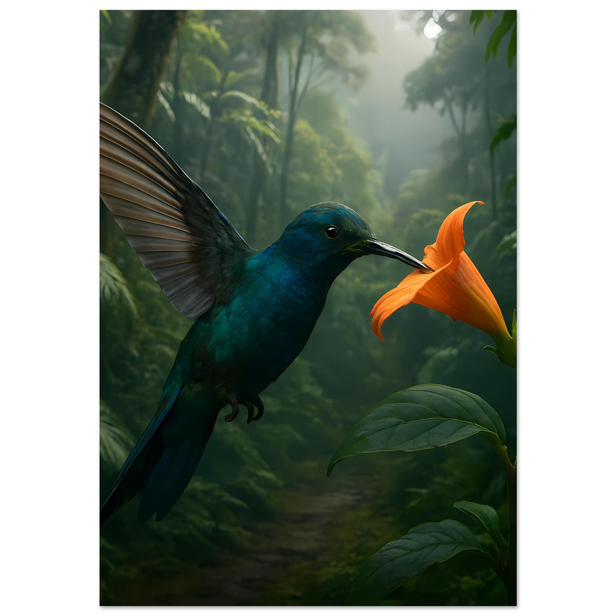 Poster mit blauem Kolibri am Ast mit orangefarbener Blüte und grünen Blättern.