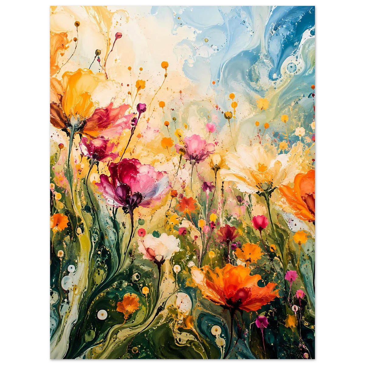 Blumenposter mit abstrakten Blüten in Orange, Pink und Blau sowie farbigen Pünktchen entlang der Stiele