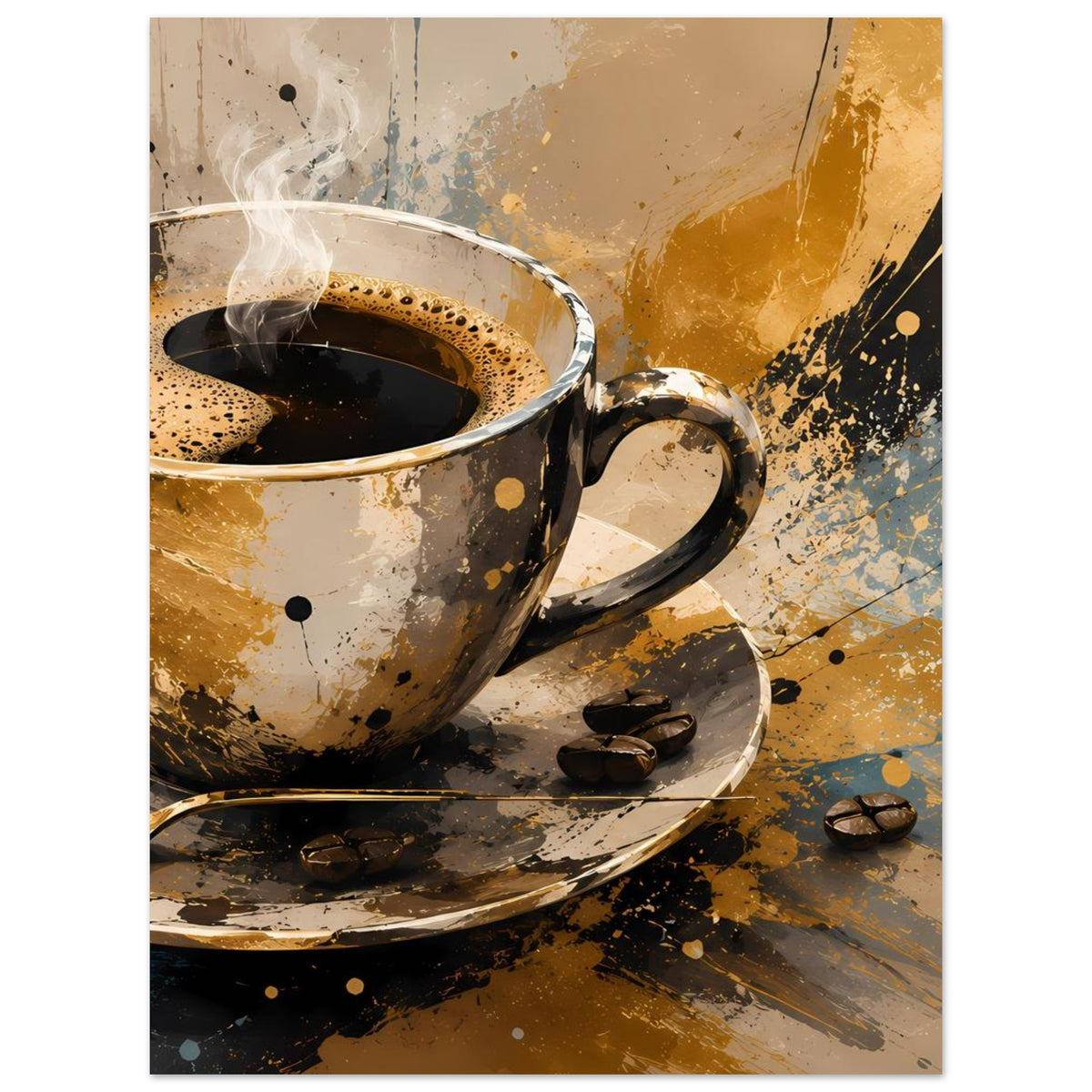 Kunstposter mit goldbrauner Kaffeetasse, Dampf, Untertasse und Kaffeebohnen