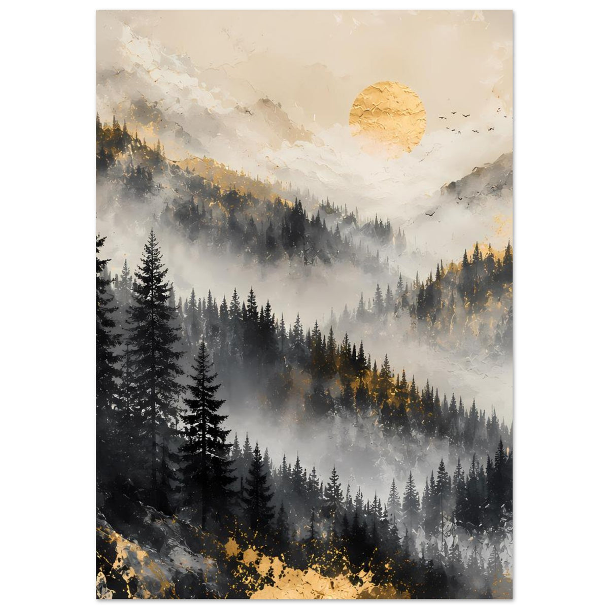 Poster mit Berglandschaft: neblige Bergzüge, Tannenwald, goldene Sonne und sanfte Lichtstreifen