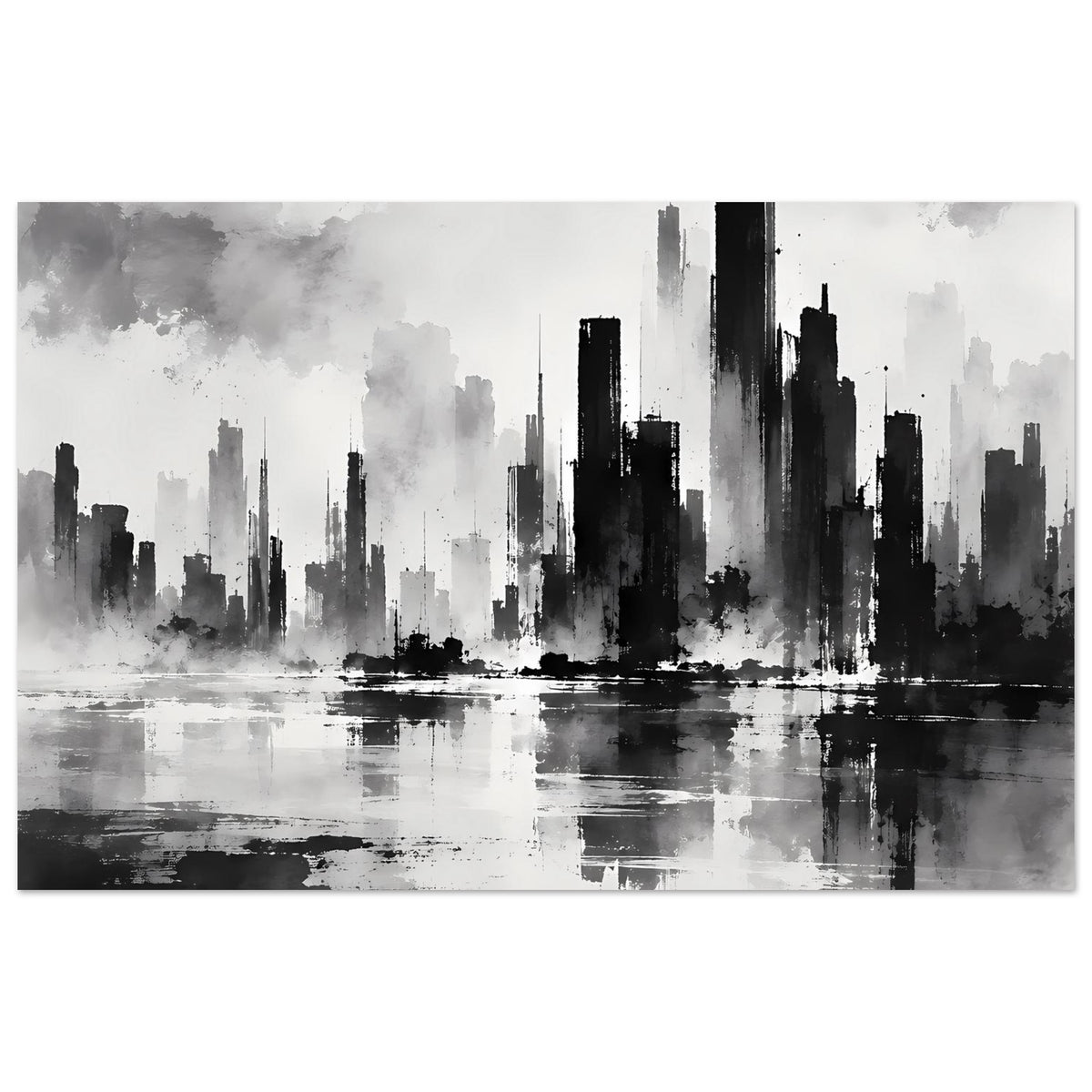 Schwarzweiß-Poster mit dramatischer Stadtsilhouette und Spiegelung im Wasser, horizontal