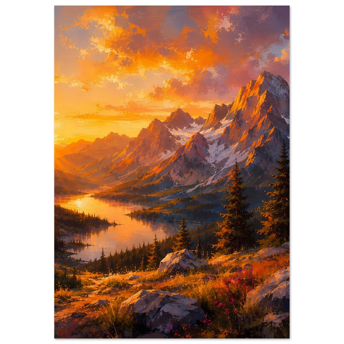 Hochformat-Poster: Berge, Tannenwald und See bei orangefarbenem Sonnenuntergang
