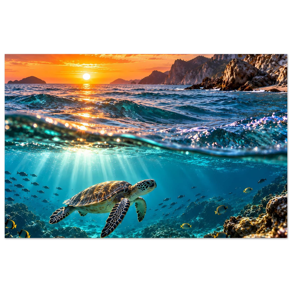 Querformat-Wandposter: Meeresschildkröte schwimmt im türkisblauen Wasser bei Sonnenuntergang