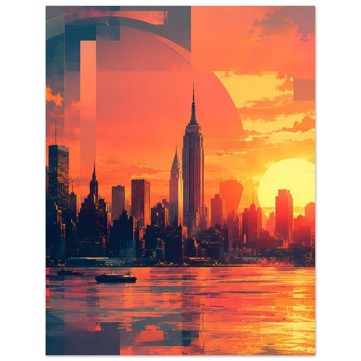 Hochformatposter mit Stadt-Skyline, orangefarbenem Himmel, großer gelber Sonne und Wasserreflexen