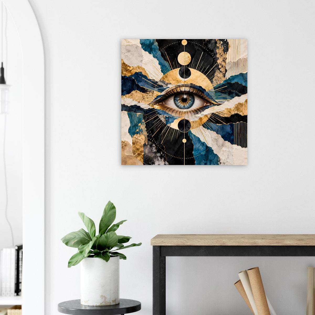 Wandposter mit Auge in Blau-Gold, schwarzen Strahlen und dekorativen Kreislinien