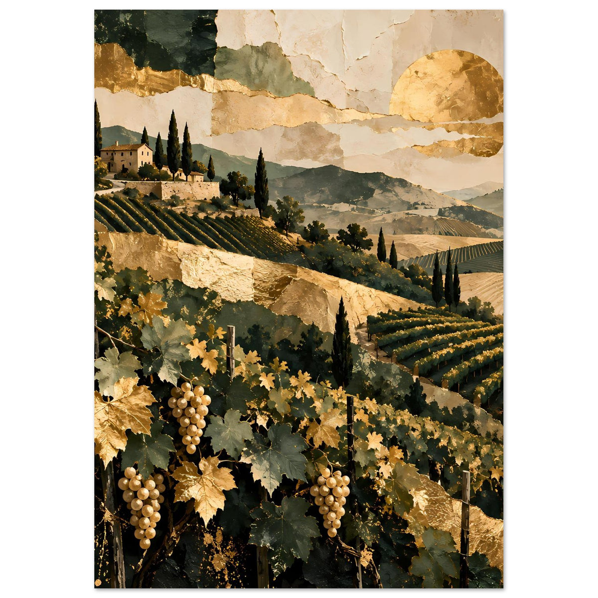 Poster mit Weinreben und Traubenblättern, Zypressen und weiter Landschaft