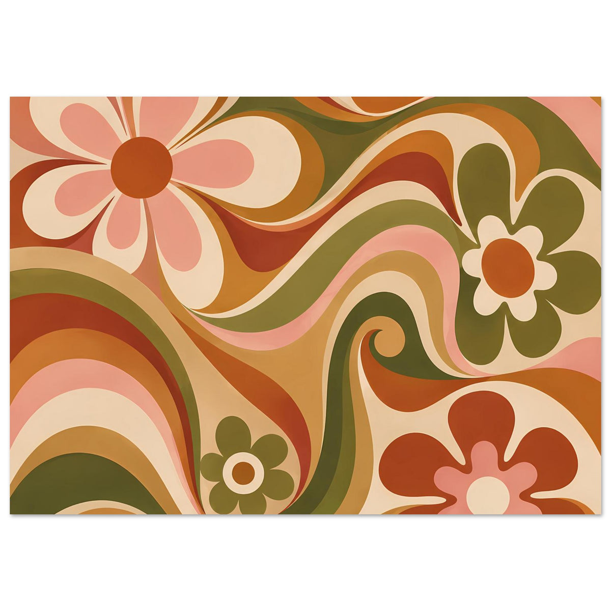 Florales Poster im Querformat mit abstrakten Blüten und Wellen in warmem Orange und Olivgrün