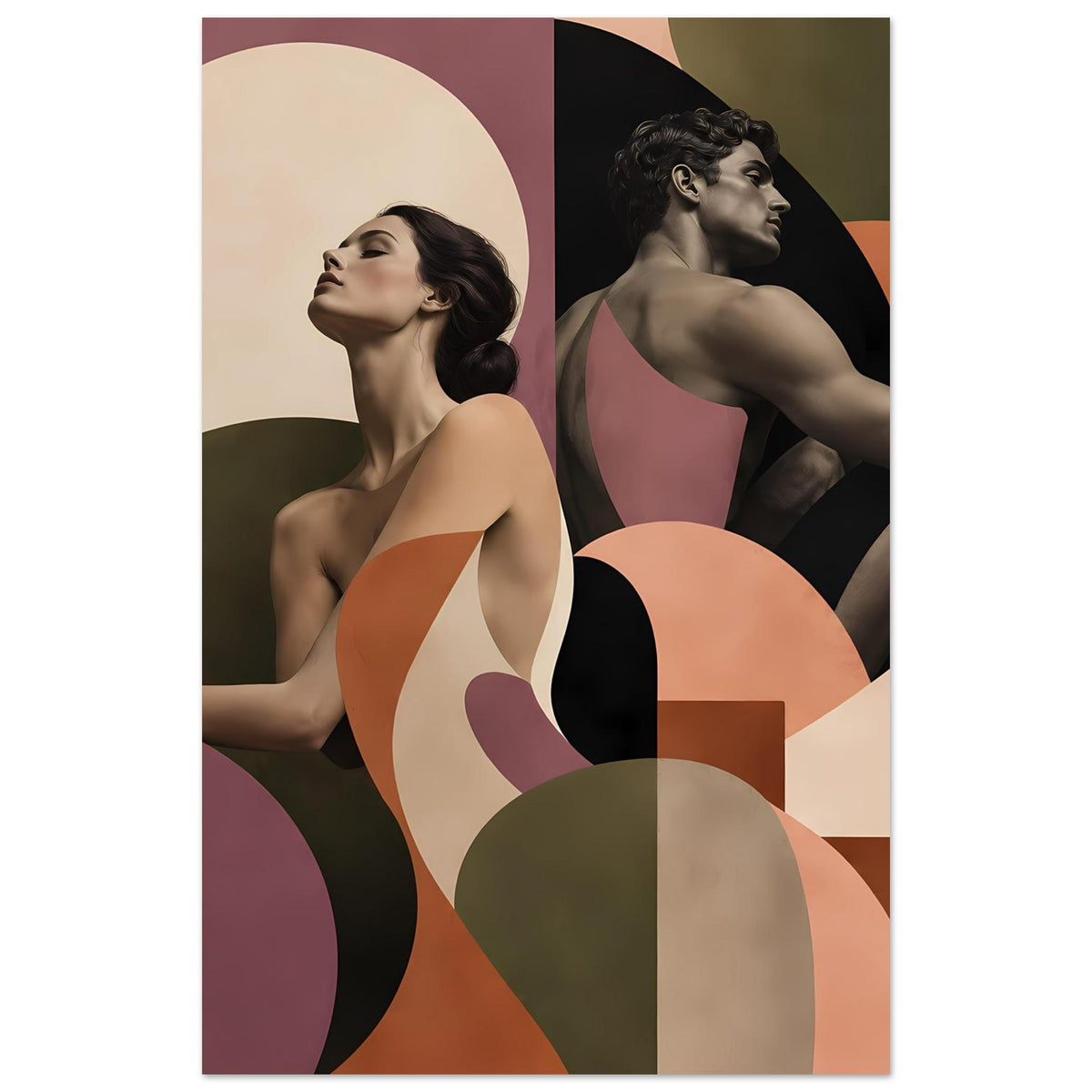 Figurenposter im Hochformat mit zwei Frauenfiguren, abstrakte Formen in Terrakotta und Mauve.