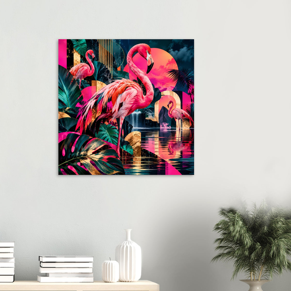 Quadratisches Poster mit Flamingos, Palmenblättern, goldenen Akzenten und pinken Reflexionen
