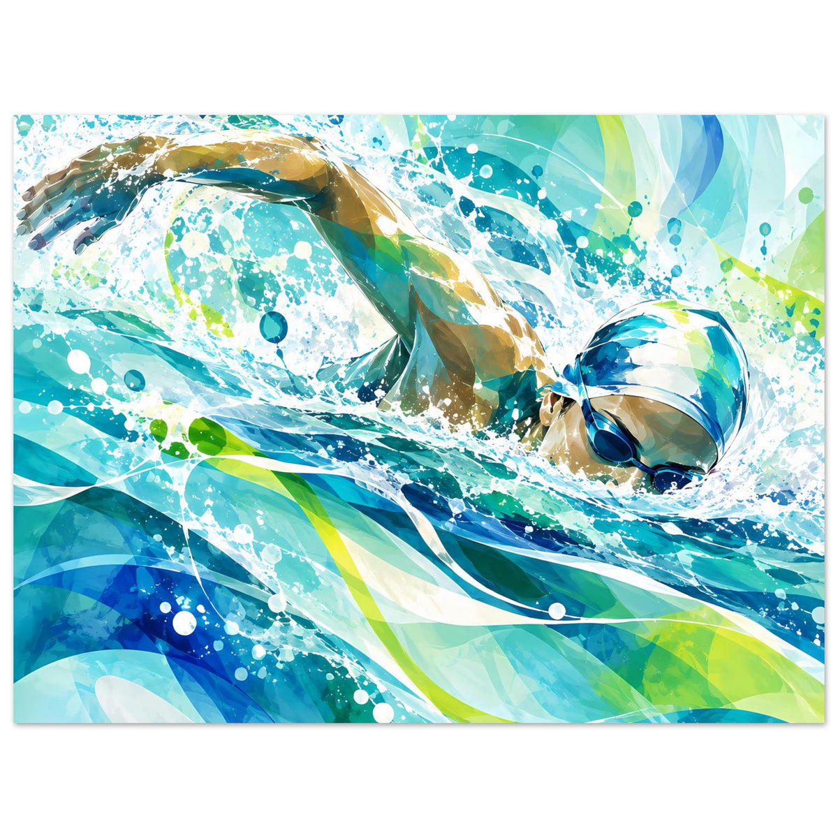 Poster mit Schwimmern unter Wasser, kräftige Blau- und Grüntöne, starke Lichtreflexe und Blasen