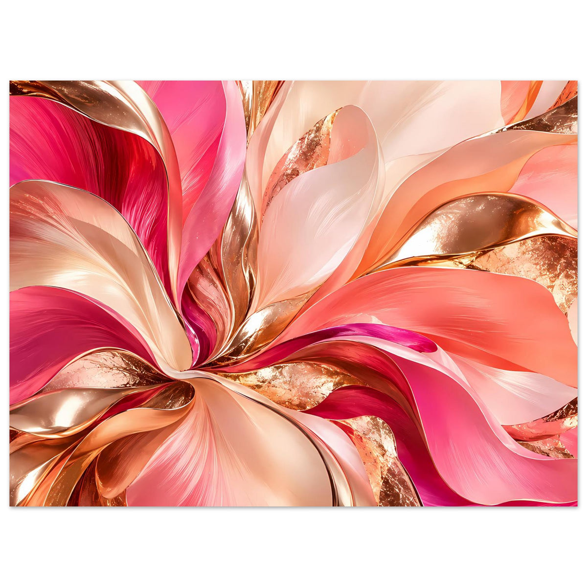 Abstraktes Blumenposter, Close-up der rosa Blütenwirbel mit goldfarbenen Akzenten