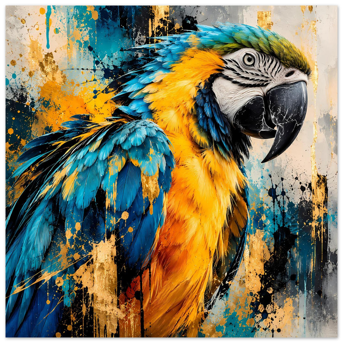 Parrot-Kunstposter im Querformat: Papagei in kräftigen Blau- und Orangetönen, großer Schnabel