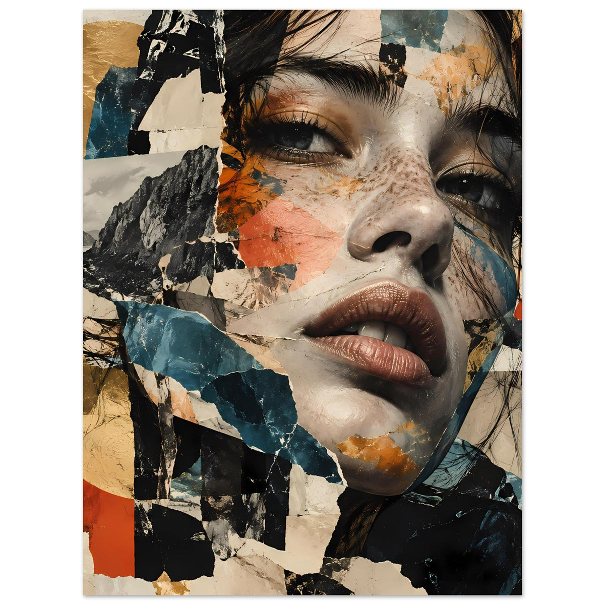 Abstraktes Collage-Porträtposter mit Gesicht in Terrakotta- und Blautönen, Hochformat.