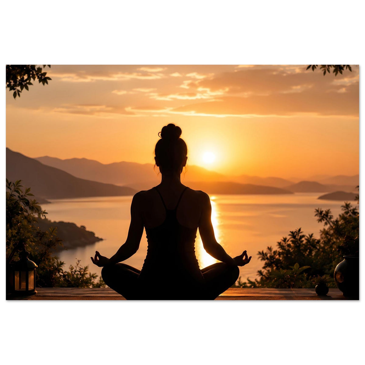 Meditationsposter mit Meditationssilhouette, untergehende Sonne über Landschaft