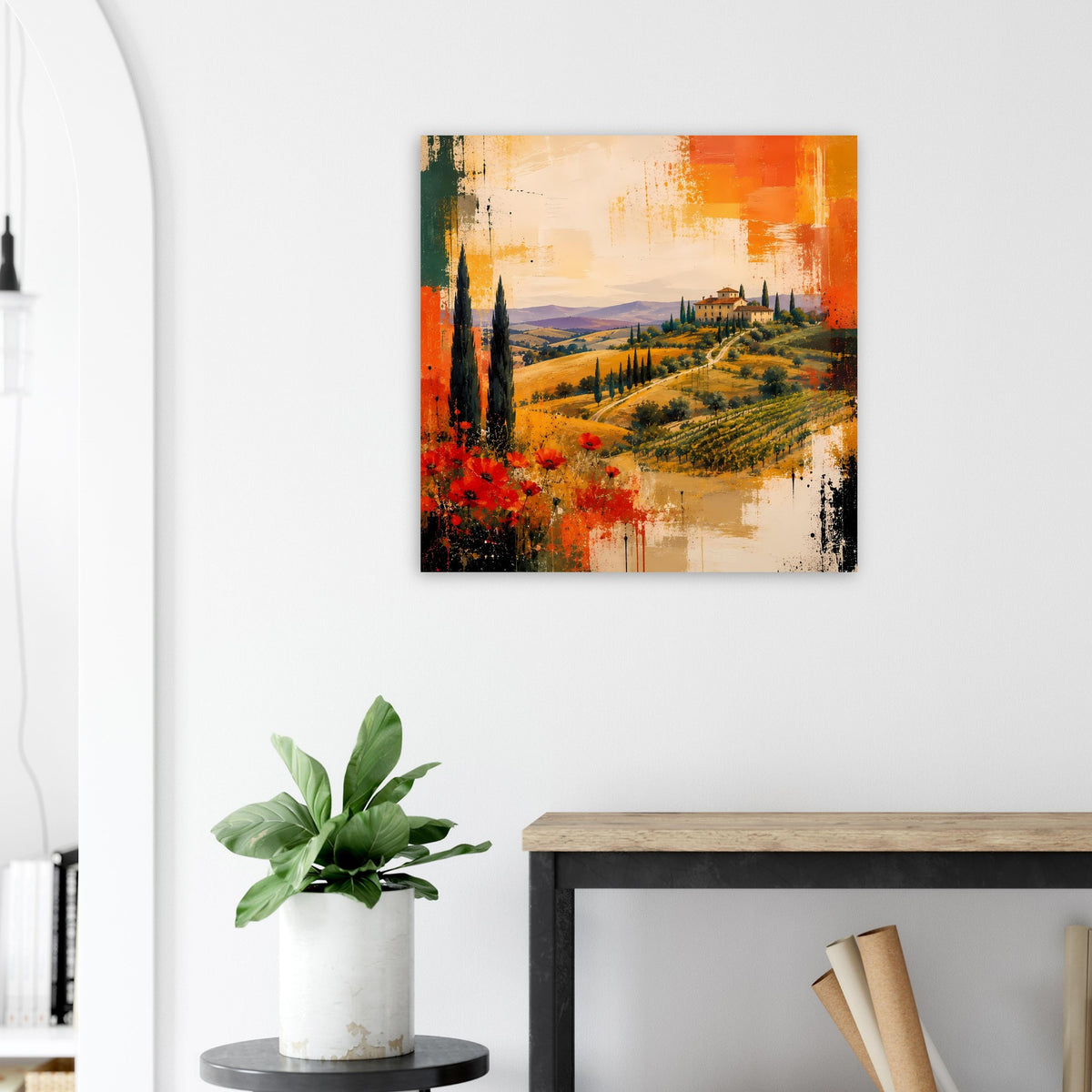 Abstraktes Poster mit toskanischer Landschaft, Zypressen, roten Mohnblumen und gelb-orangen Akzenten