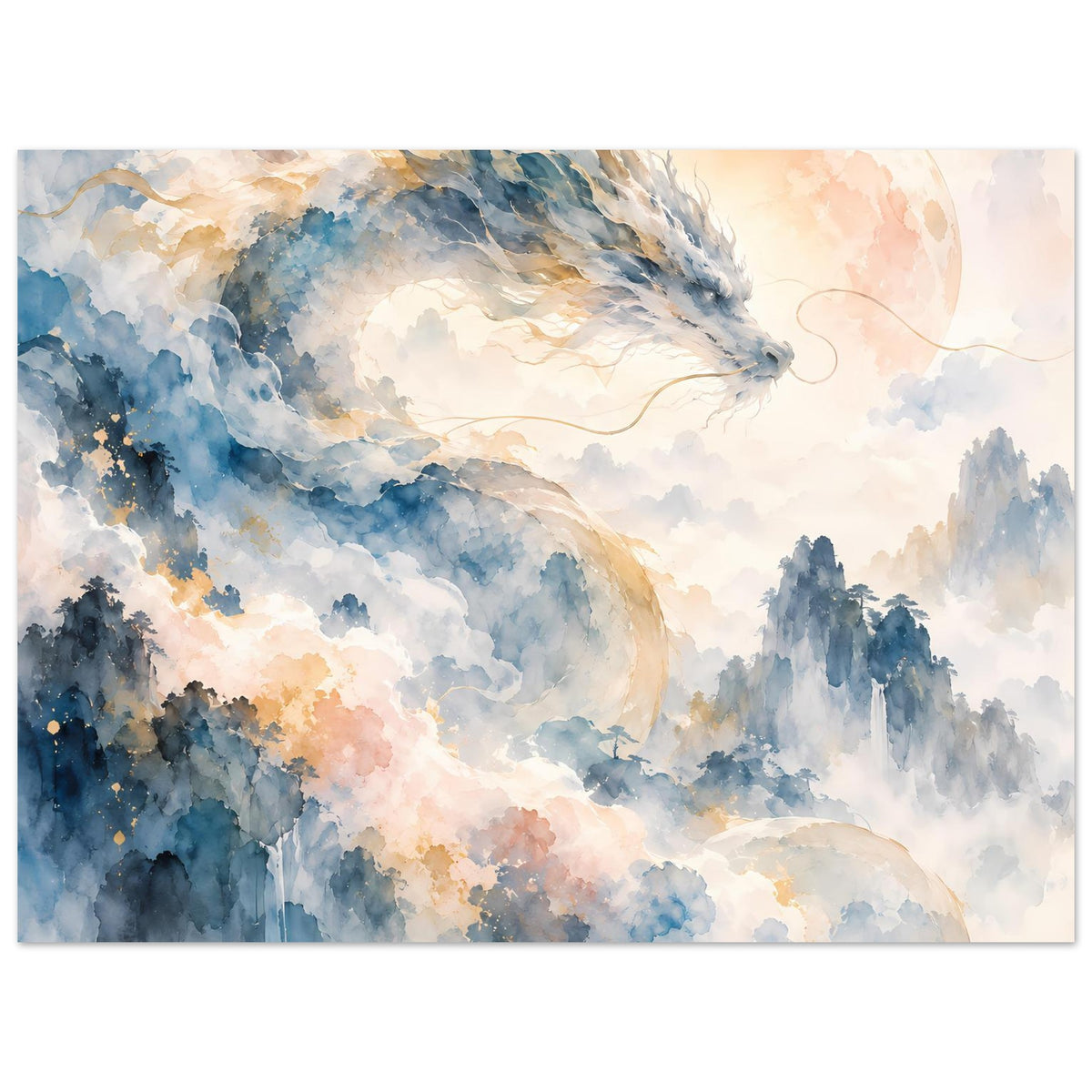 Fantasie-Aquarellposter, Fokus auf Drachenflügel und Bergnebel in Blau und Apricot