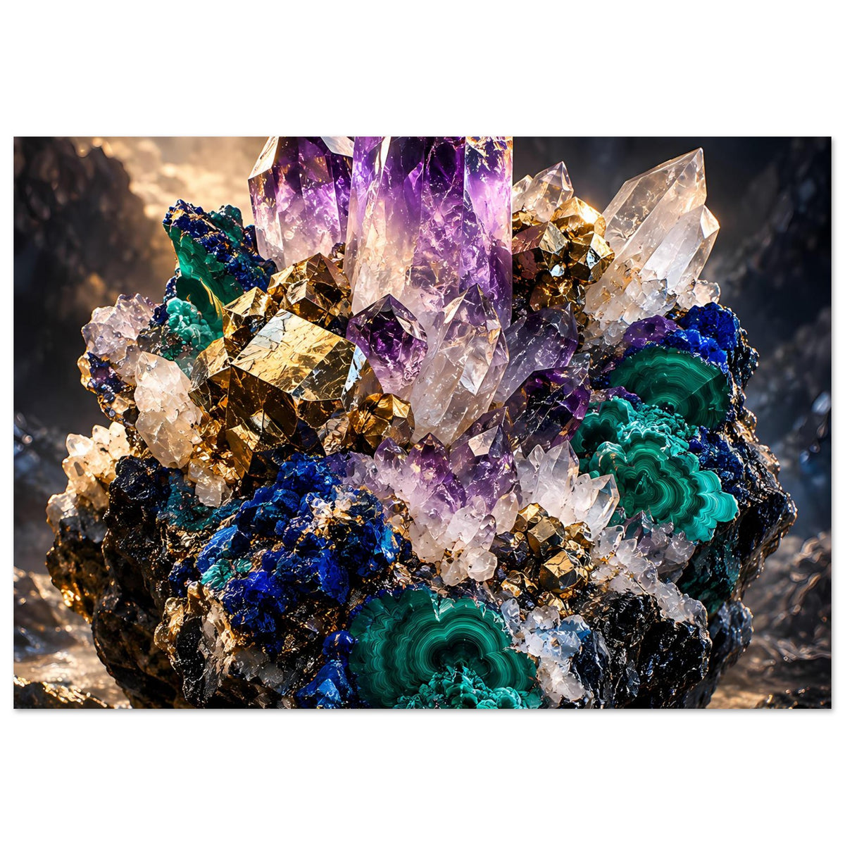 Kristallposter im Querformat mit funkelnden violetten Amethyst- und grünen Malachitkristallen, schwarz gerahmt