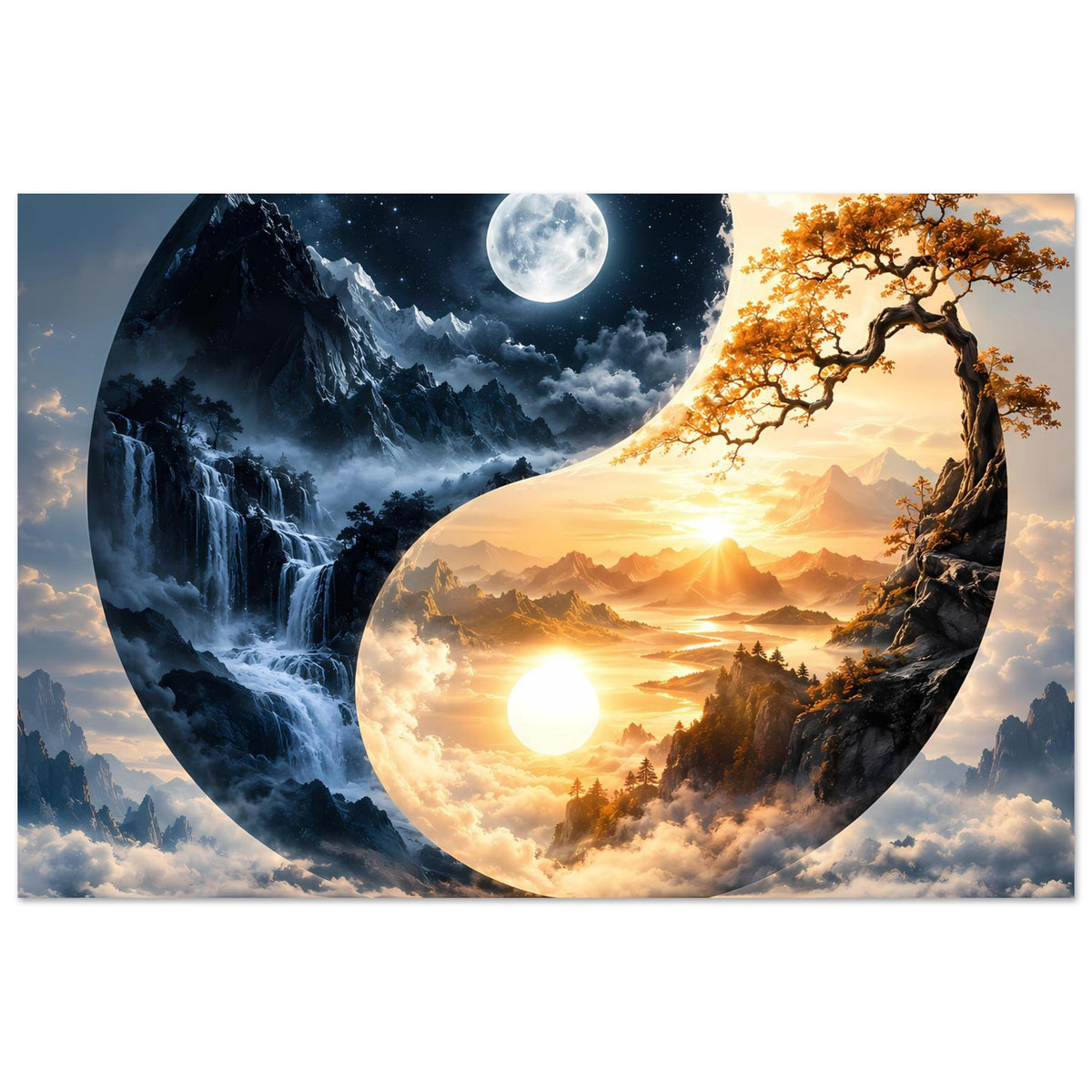 Yin-Yang-Landschaftsposter im Querformat mit mondblauer Bergwelt und warmem Sonnenpanorama