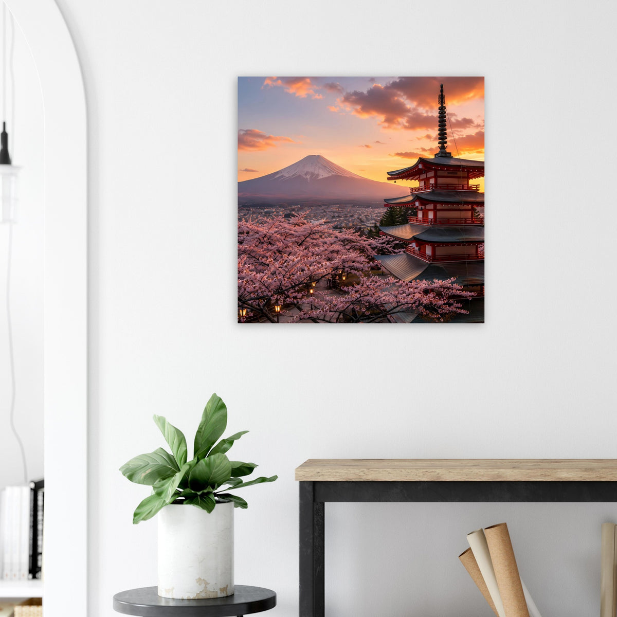 Quadratisches Poster mit Fuji, rotem Kirschblütenmeer und Pagode im Sonnenuntergang