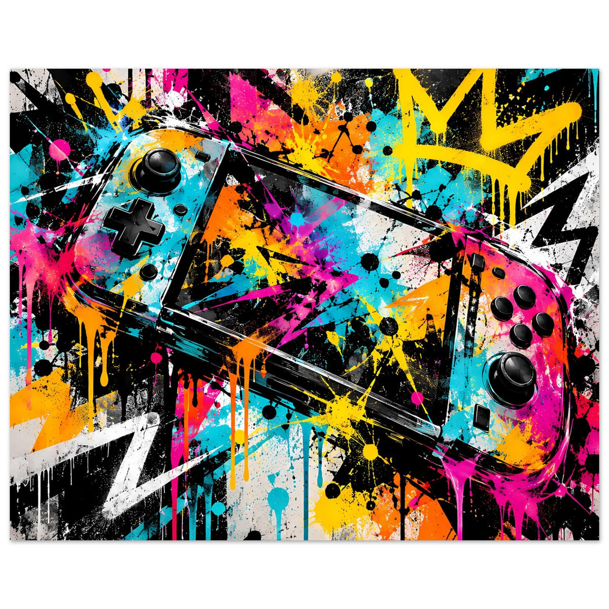 Graffiti-Gaming-Poster mit Controller-Motiv in kräftigen Farben, horizontal