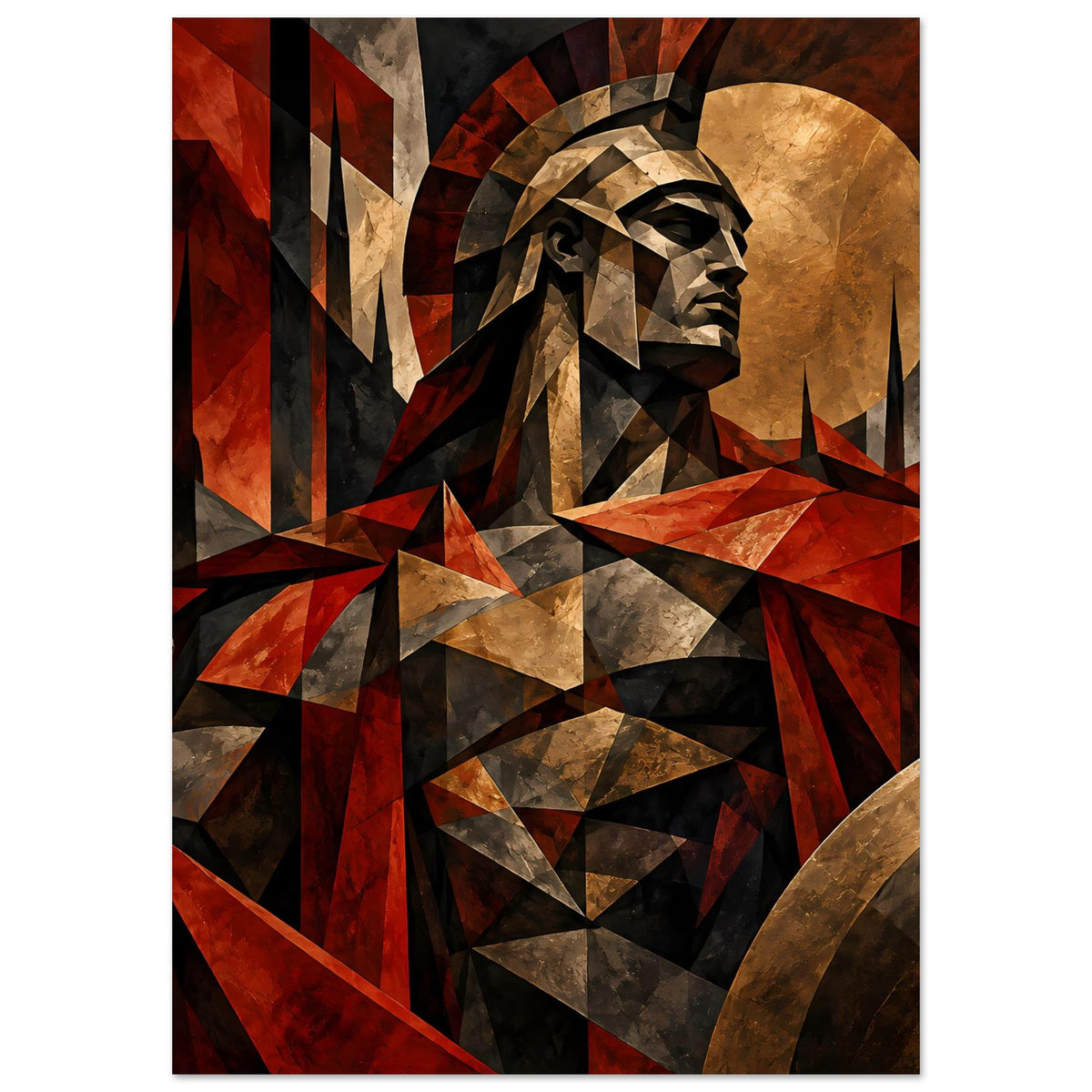 Poster mit Spartaner-Krieger im Mosaikstil, rot-goldene Flächen und graue Akzente, vertikal