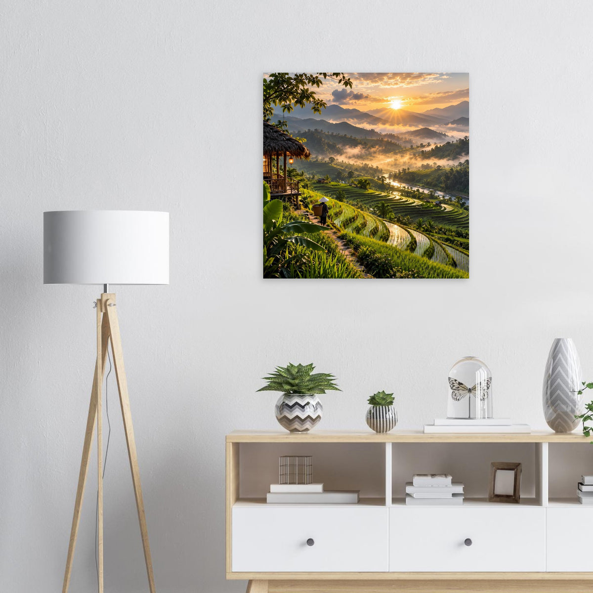 Quadratisches Landschafts-Poster: goldener Sonnenaufgang über Tal, Hügel und Felder