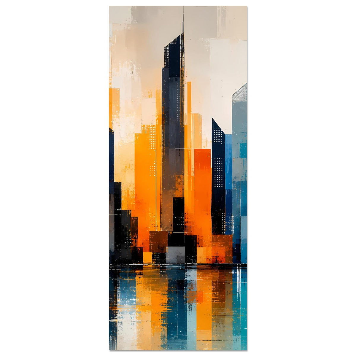 Stadtposter mit abstrakter Skyline in Orange und Türkis, aufrecht im Hochformat