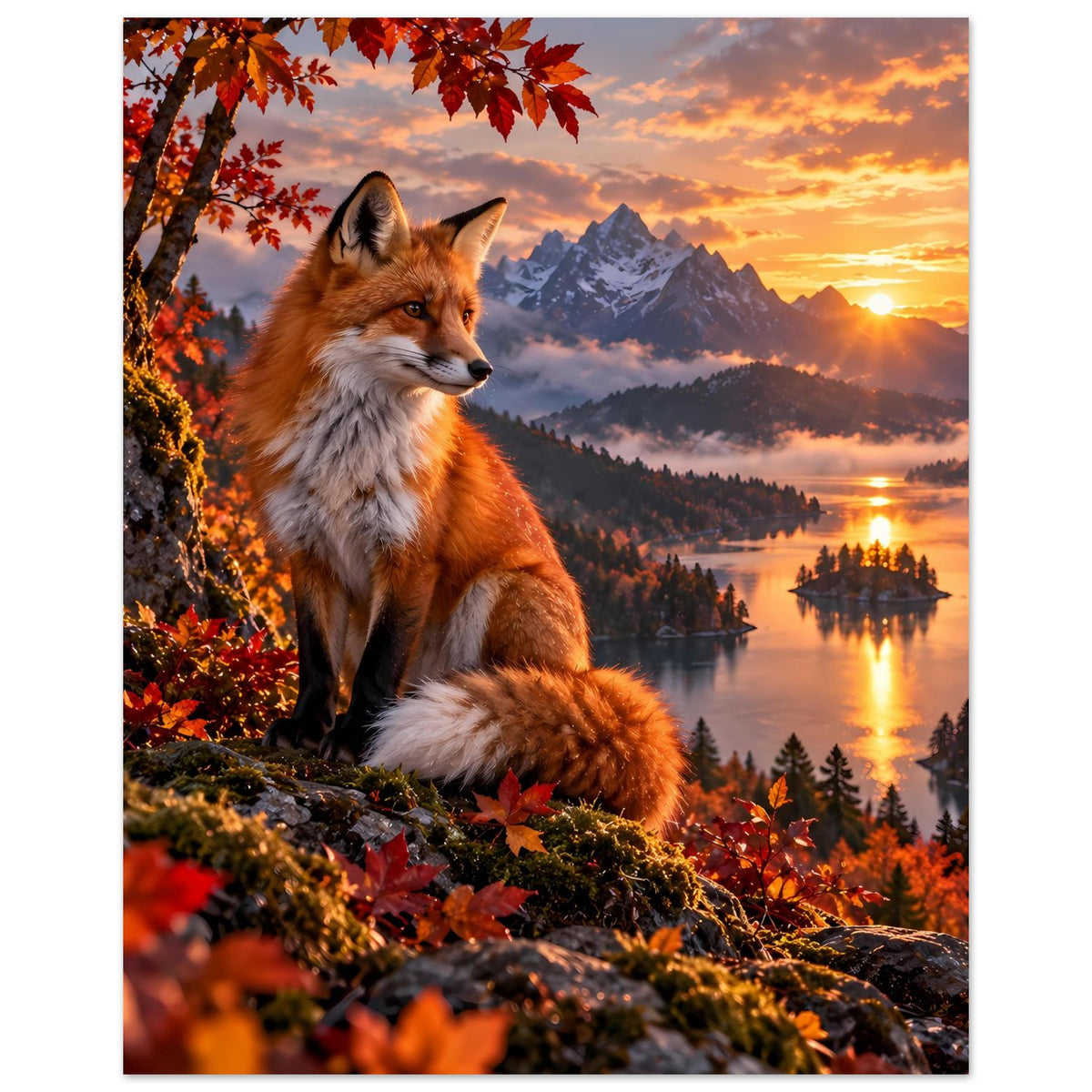 Vertikales Herbst-Wildnisposter: roter Fuchs schaut seitlich, See und Berge bei Sonne