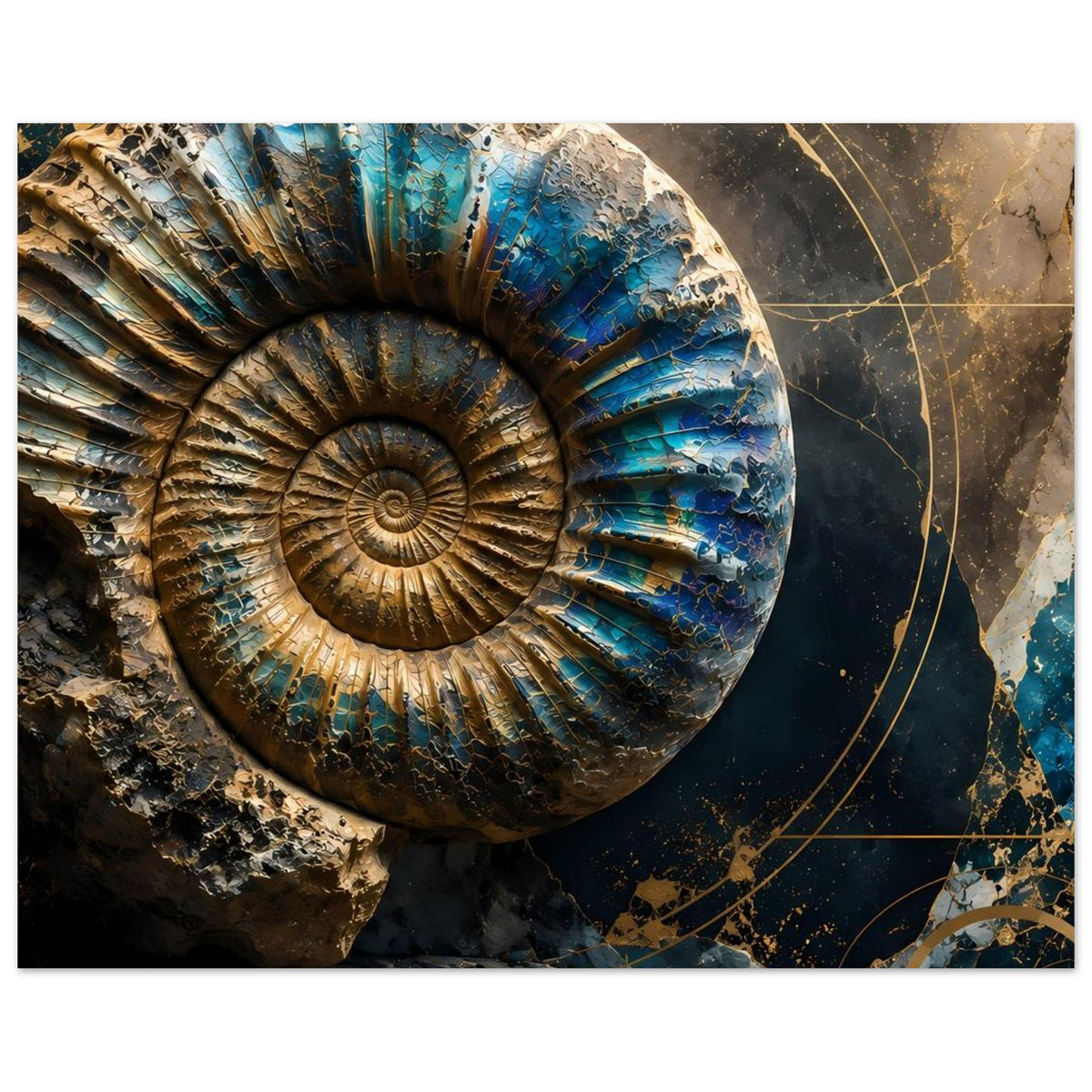 Kunstposter mit Ammonit-Fossil: blaugrüne Segmente, goldener Ring und marmorierte Flächen