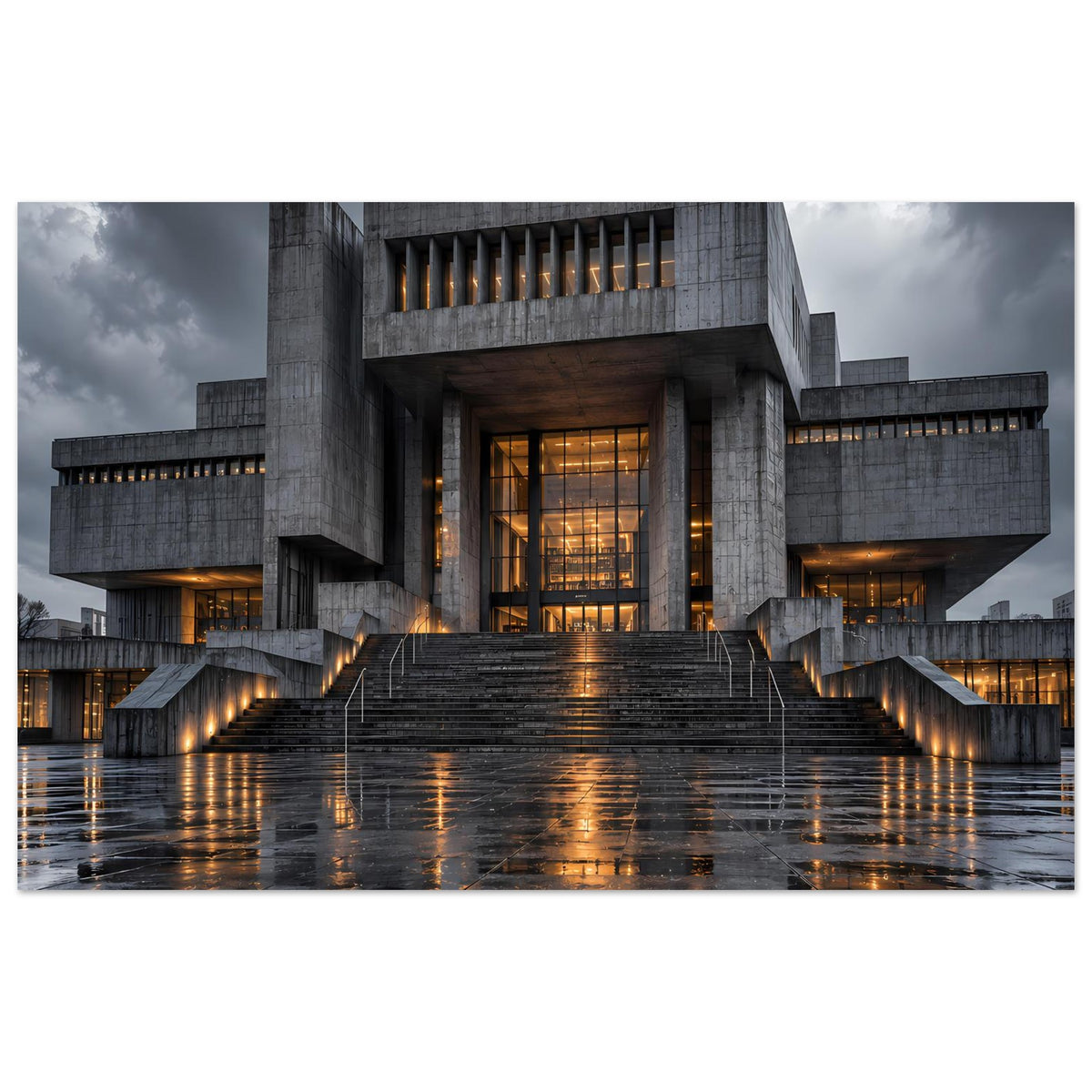 Urbanes Architekturposter: großes Betongebäude mit Treppe und warmen Innenlichtern