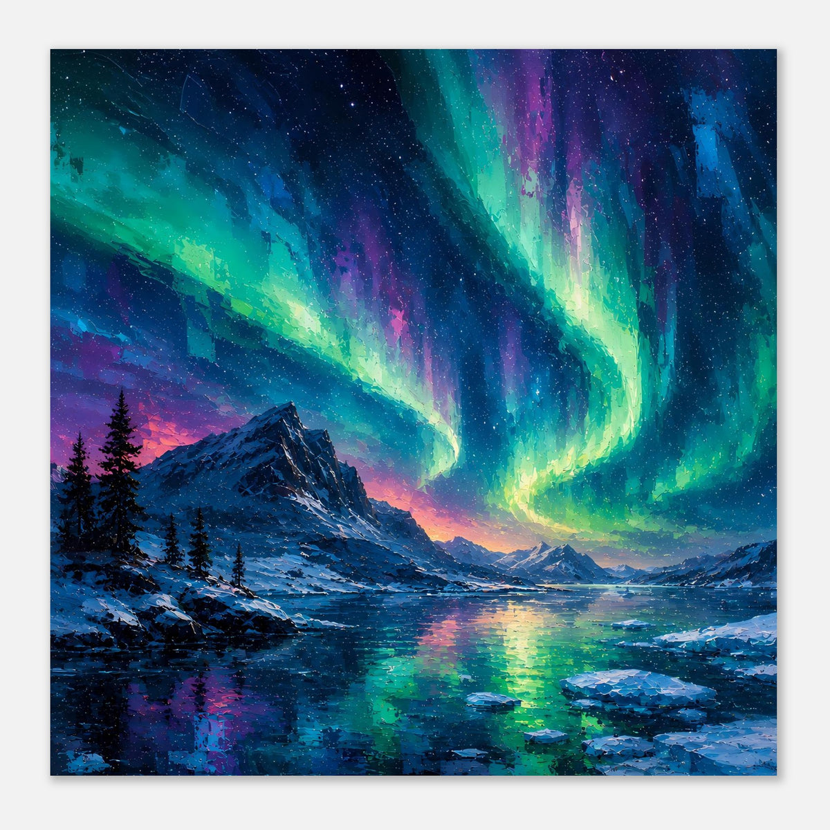 Kunstposter im Querformat mit Nordlichtern über Wintersee, Wasser und Bergkämmen