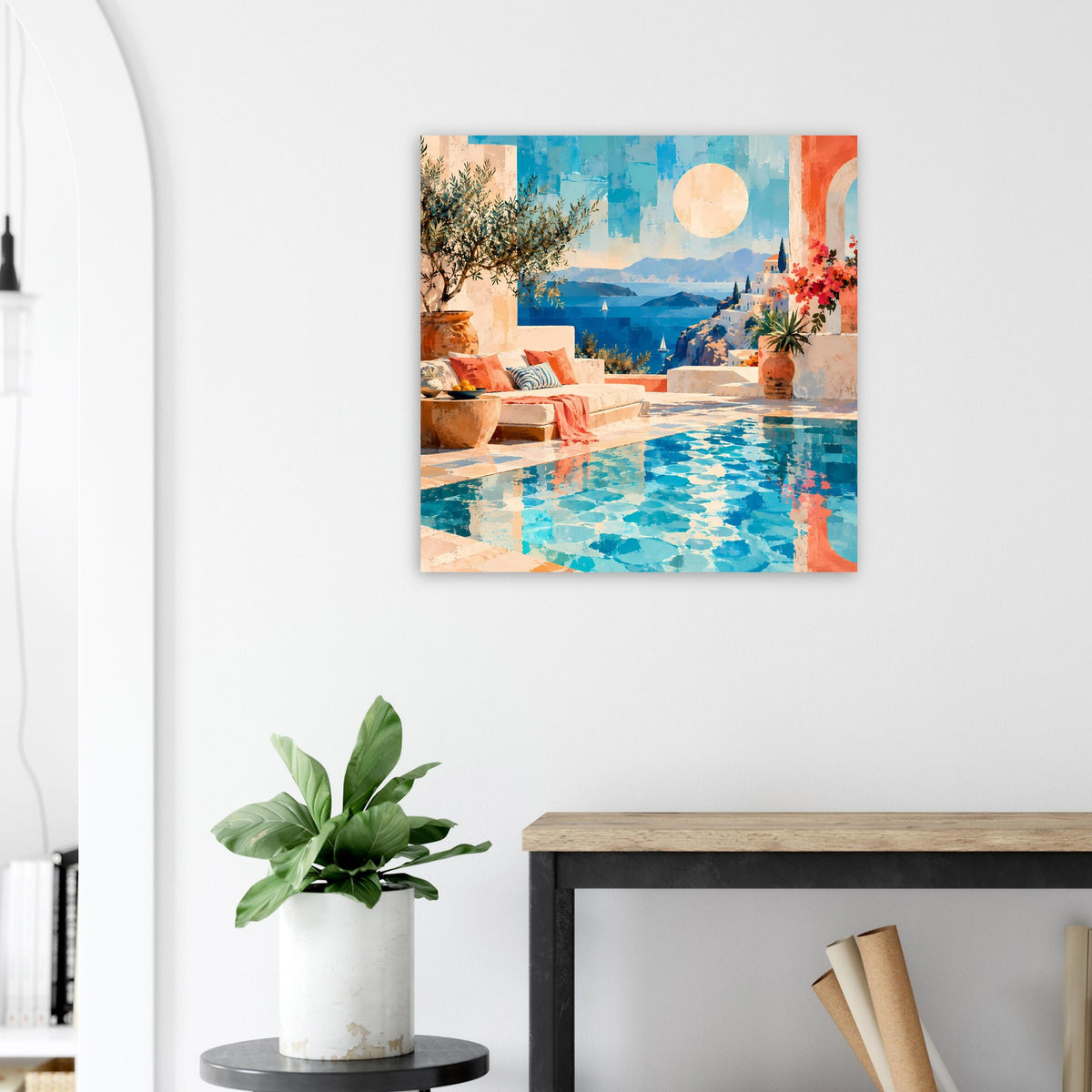 Wandposter mit mediterraner Terrasse, blaues Wasser und blühende Pflanzen