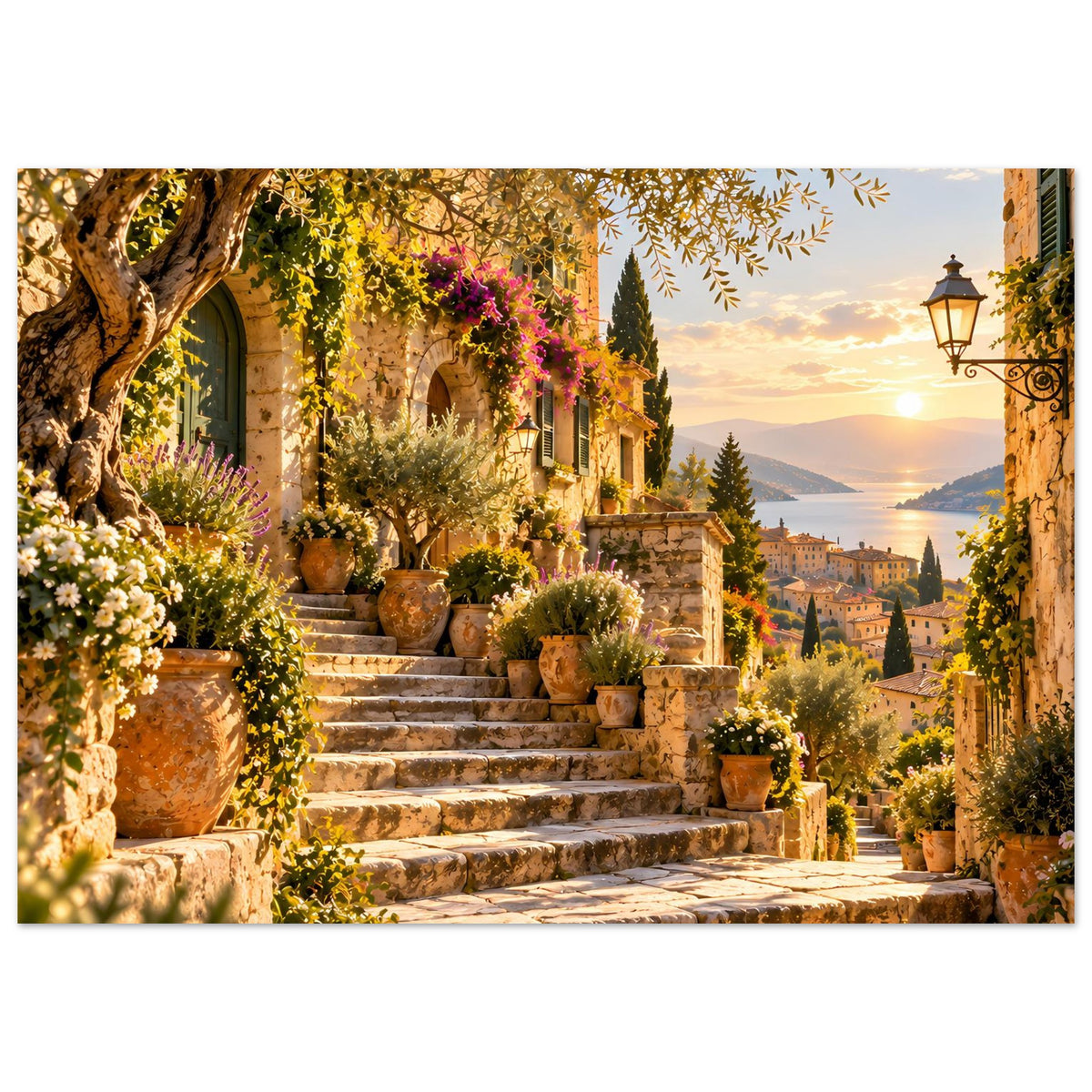 Mediterranes Sonnenuntergangs-Poster: Treppe mit Tontöpfen, Olivenbaumzweigen und Laterne