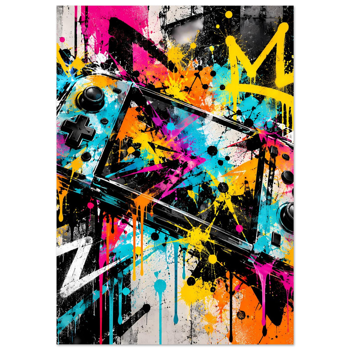 Gaming-Poster mit abstraktem Graffiti und Gamecontroller im Vordergrund, auf mattem Papier