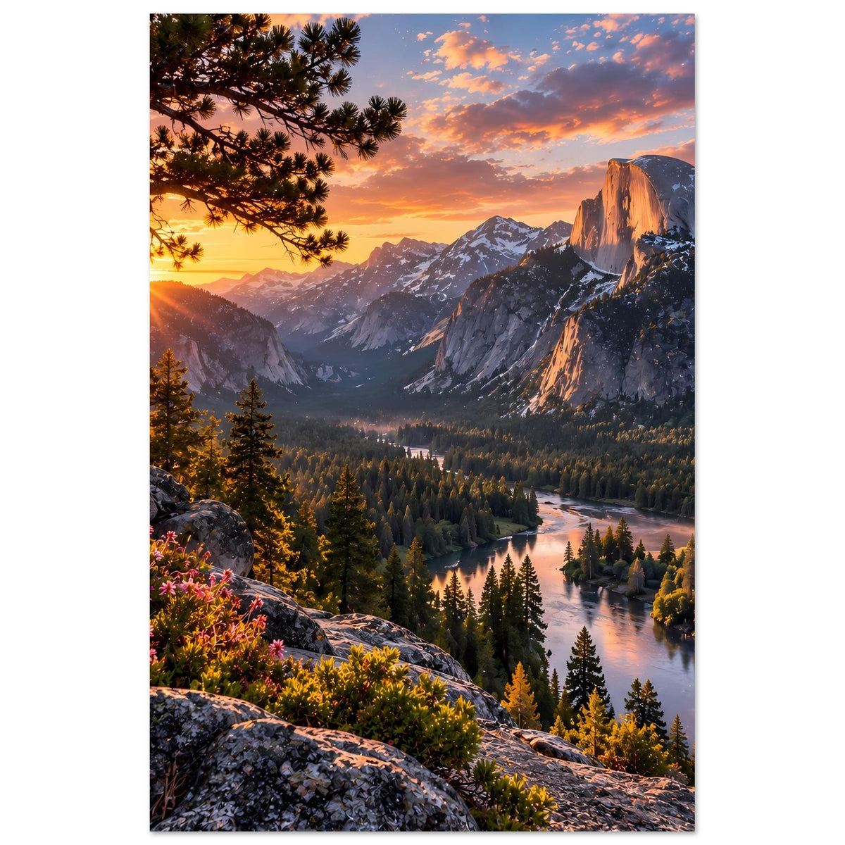 Poster im Hochformat mit Sonnenaufgang über Bergtal, Fluss und Tannenwald