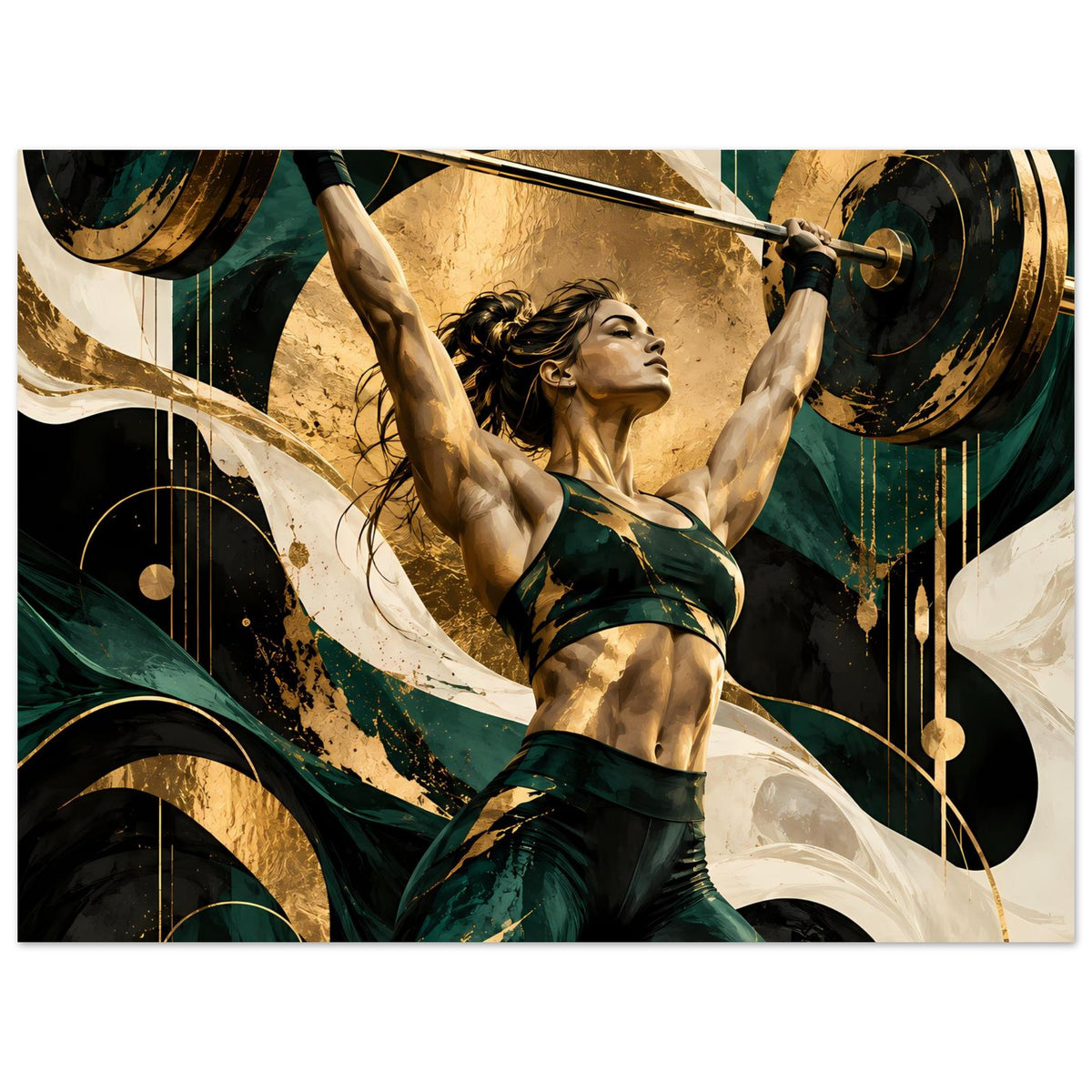 Art-Poster im Querformat: Frau hebt die Hantelstange über Kopf, goldene Akzente und dunkles Grün.