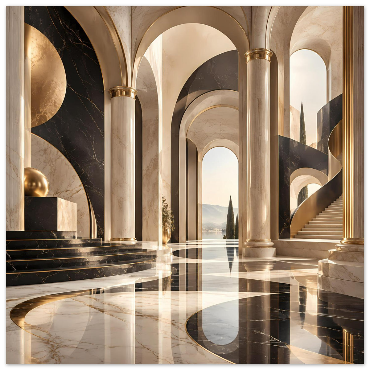 Gerahmtes Hochkant-Poster: Architekturflur mit Säulen, Schwarz-Gold-Marmoroptik und Rundbögen