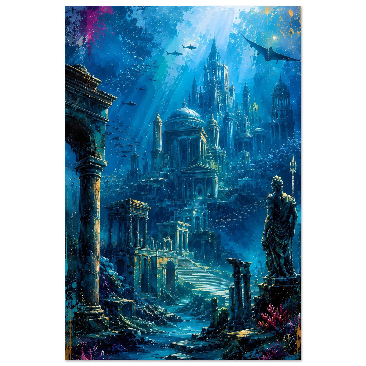 Unterwasserstadt-Poster mit blauem Atlantis, hohen Säulen und Statue im Vordergrund