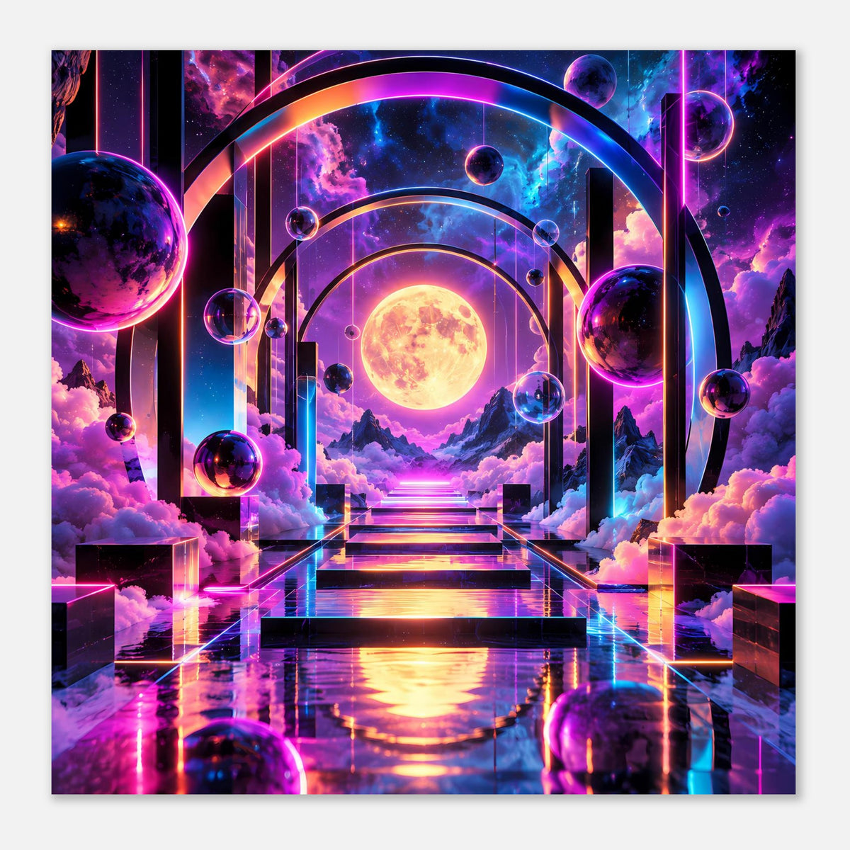 Horizontales Poster mit Portalbogen und gelbem Mond, umgeben von violetten Planeten