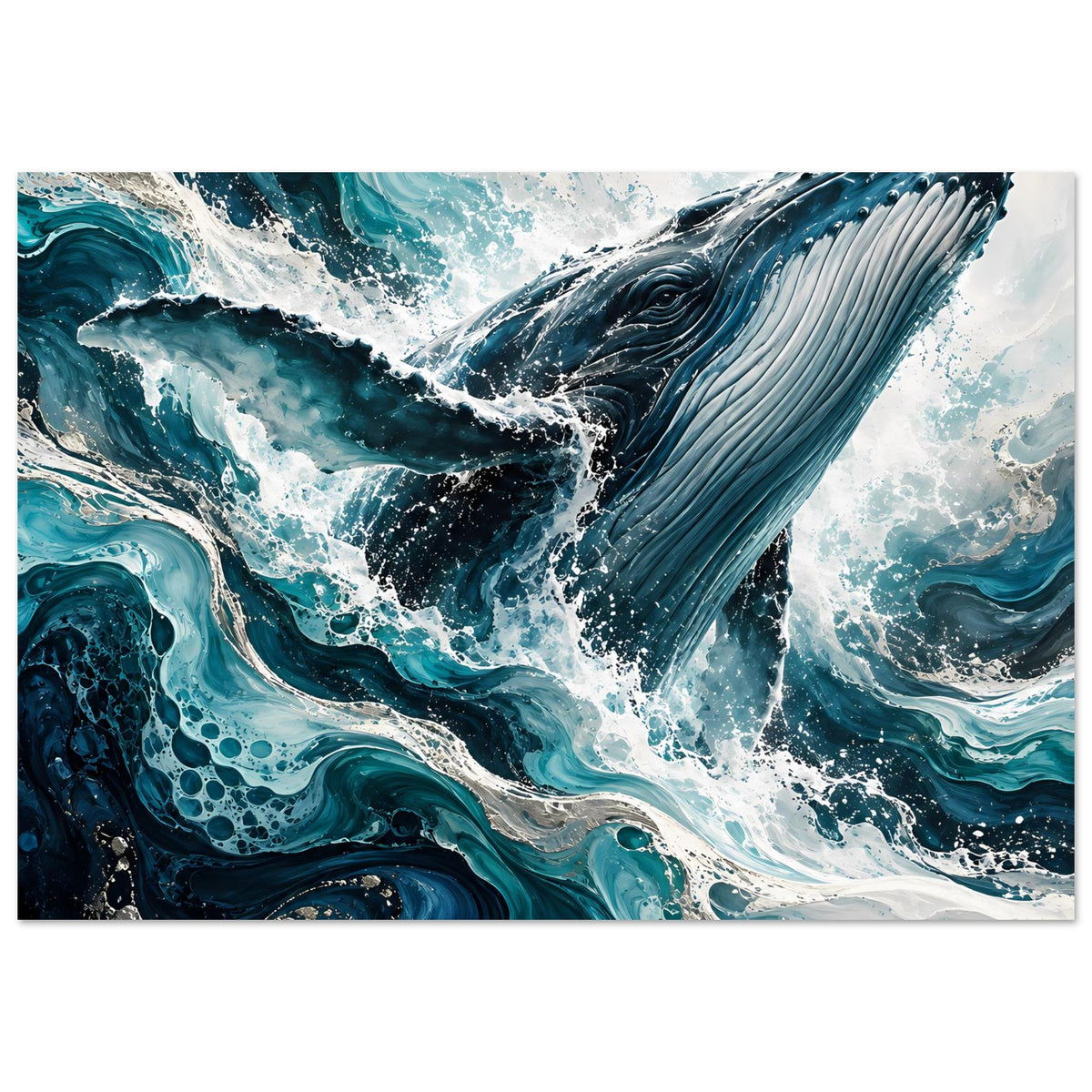 Kunstposter mit Meerwal und türkisfarbenen Wellen, dynamische Wasserschaum-Illustration