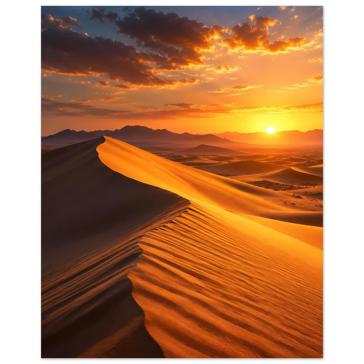 Wüstenposter mit goldener Düne im Vordergrund, Sonnenuntergang am Horizont, vertikal