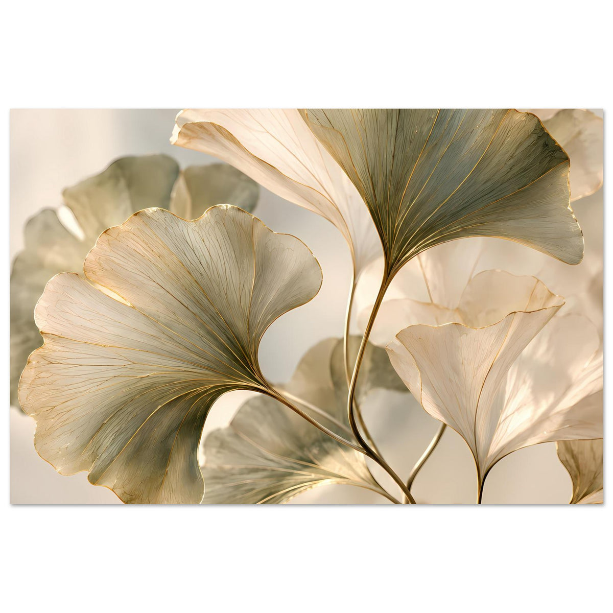 Botanisches Blätter-Poster, creme-goldene Blätter mit feinen goldenen Konturen und grünen Adern, quer