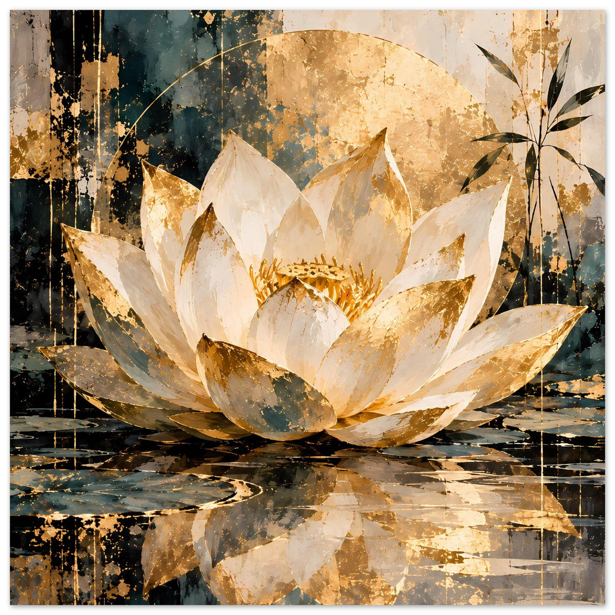 Lotus-Papierkunst-Poster, Nahansicht: cremefarbene Lotusblüte mit goldenen Akzenten und Blättern
