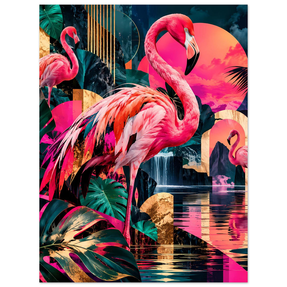Poster mit zwei Flamingos, Wasserreflexion und farbigen Tropenblättern im Neon-Look