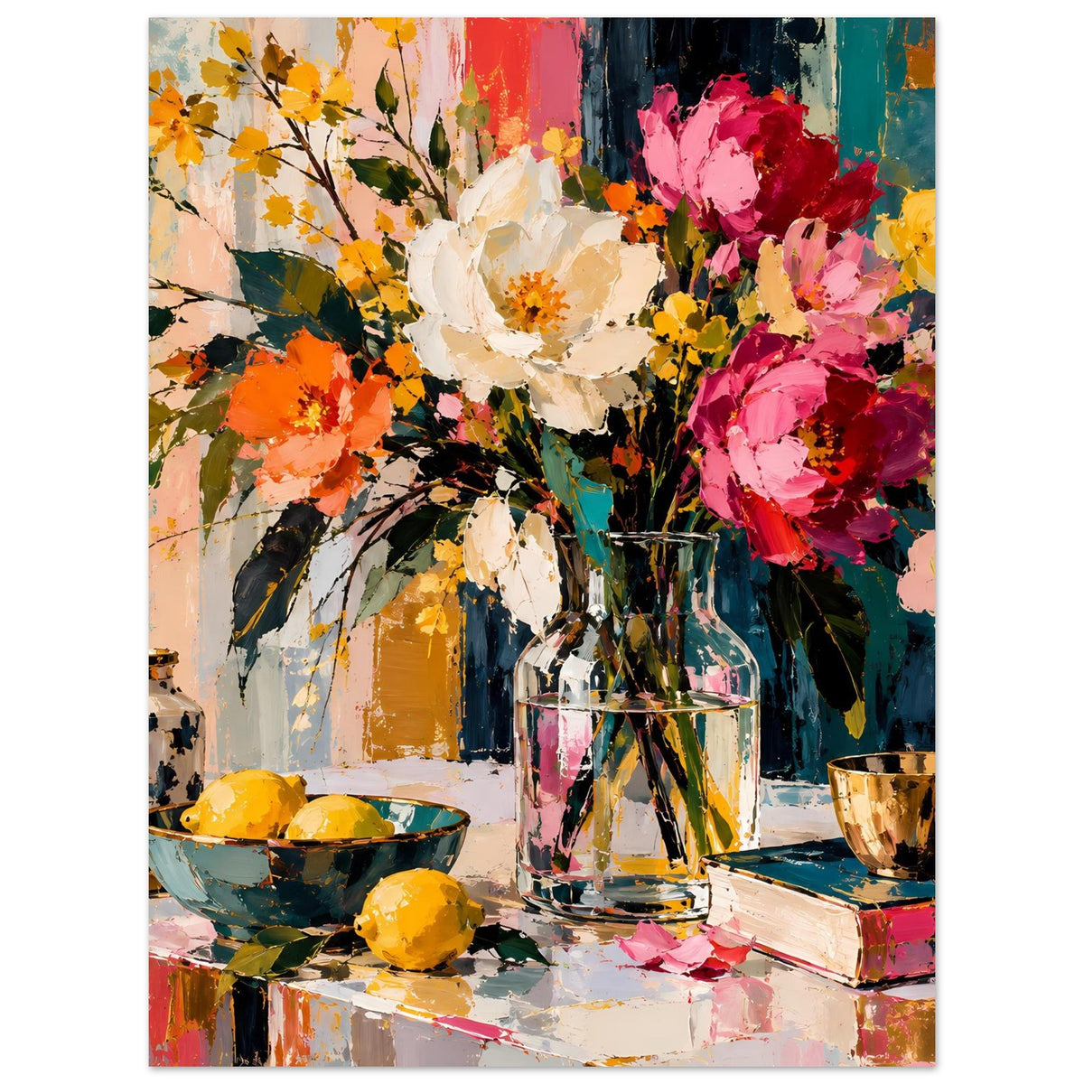 Blumen-Stillleben-Poster (hochkant) mit farbenfrohem Bouquet, Vase und Obstschale im Fokus